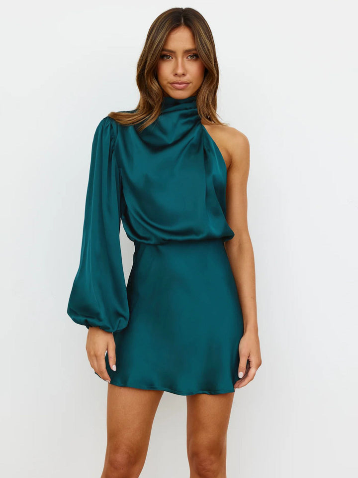 Woman wearing Blue Satin Mini Dress with one-shoulder, satin | Lunova