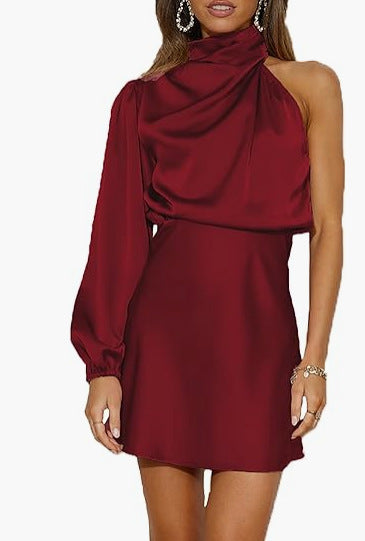 Woman wearing Burgundy Satin Mini Dress with one-shoulder, satin | Lunova