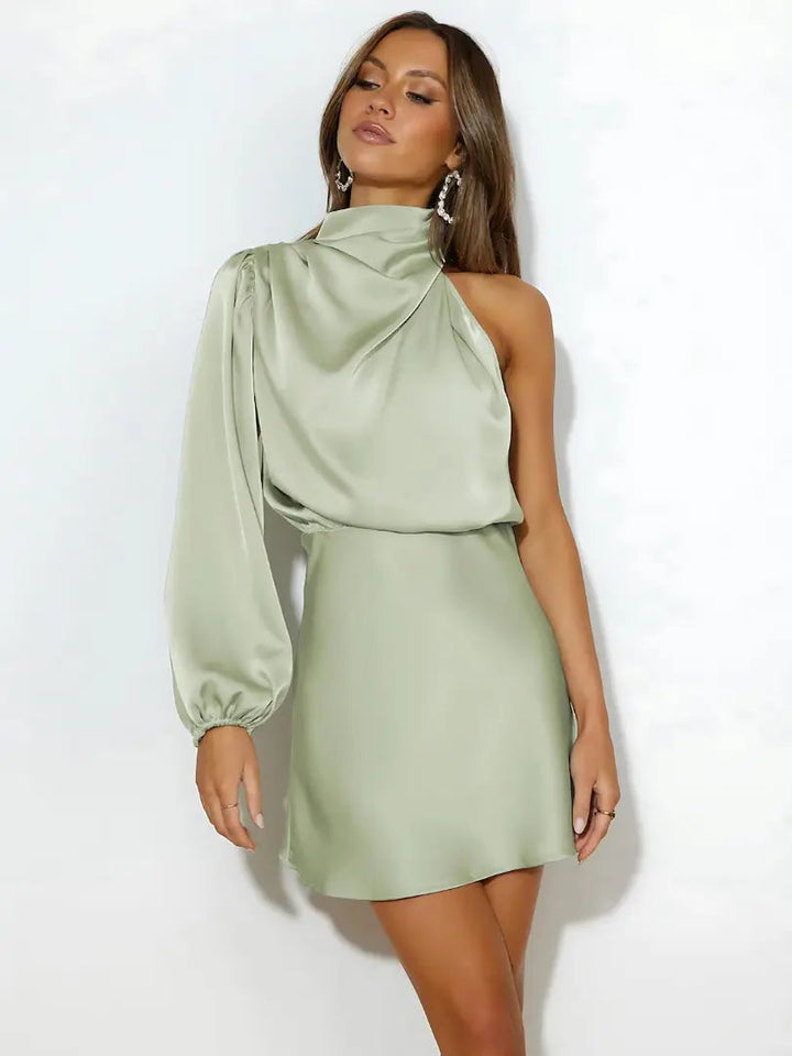 Woman wearing Light Green Satin Mini Dress with one-shoulder, satin | Lunova
