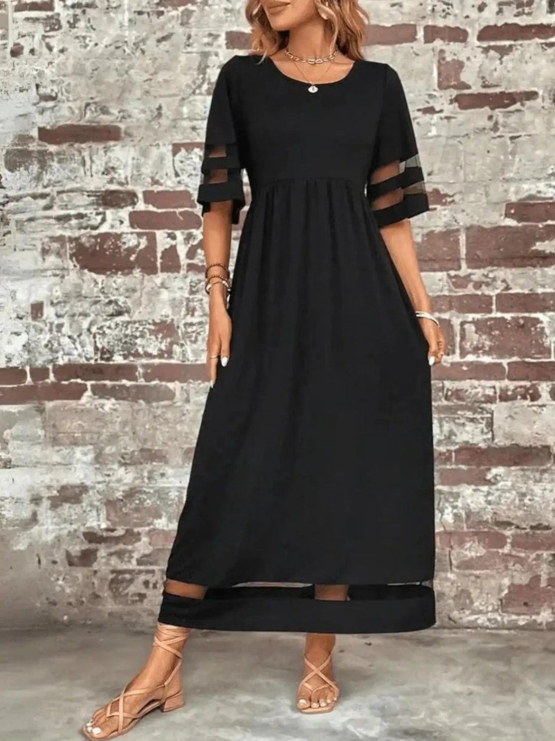 Woman wearing Sheer-Trim Maxi Dress with empire-waist, flowing — view 2 | Lunova