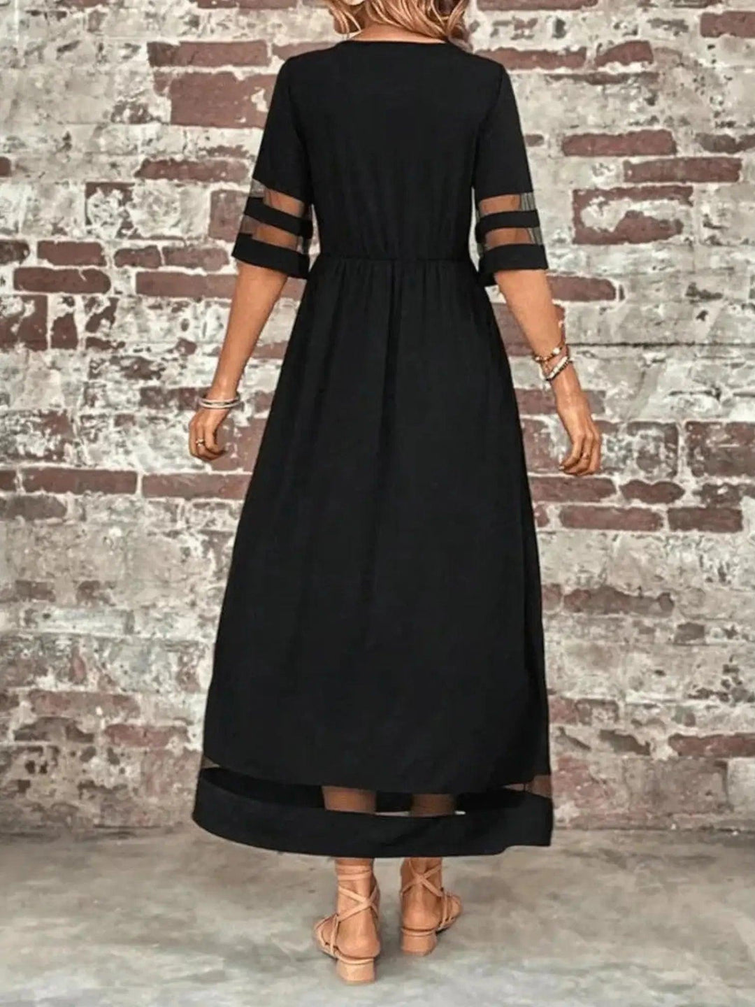 Woman wearing Sheer-Trim Maxi Dress with empire-waist, flowing — view 3 | Lunova