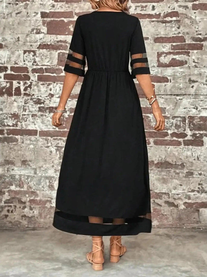Woman wearing Sheer-Trim Maxi Dress with empire-waist, flowing — view 3 | Lunova