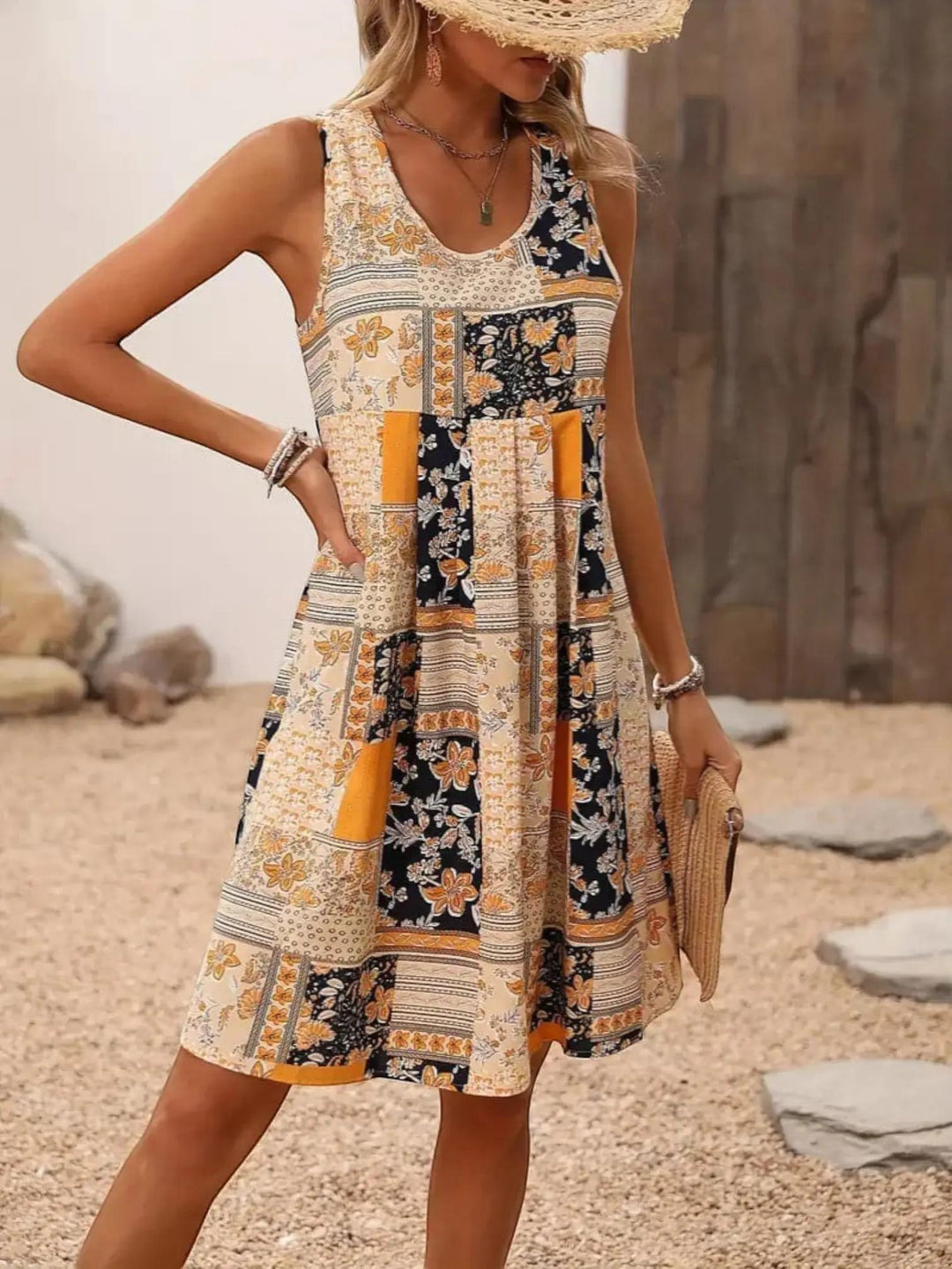 Woman wearing Apricot Sleeveless Bohemian Dress with relaxed, sleeveless | Lunova