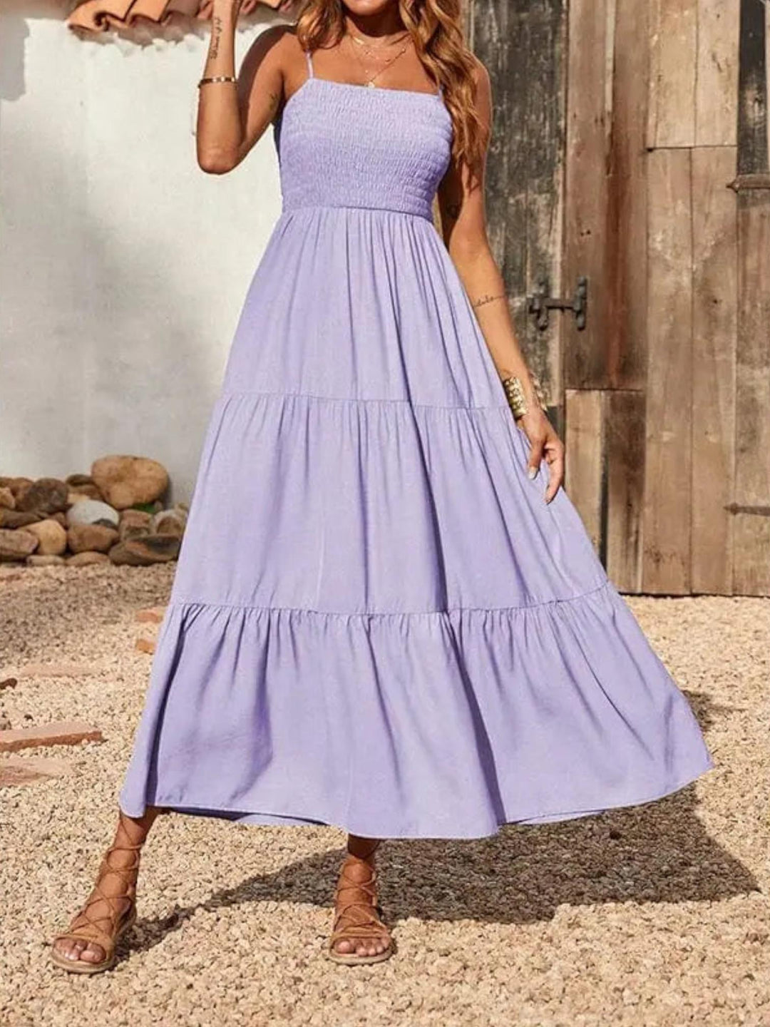 Woman wearing Purple Sleeveless Maxi Dress with A-line, flowing | Lunova