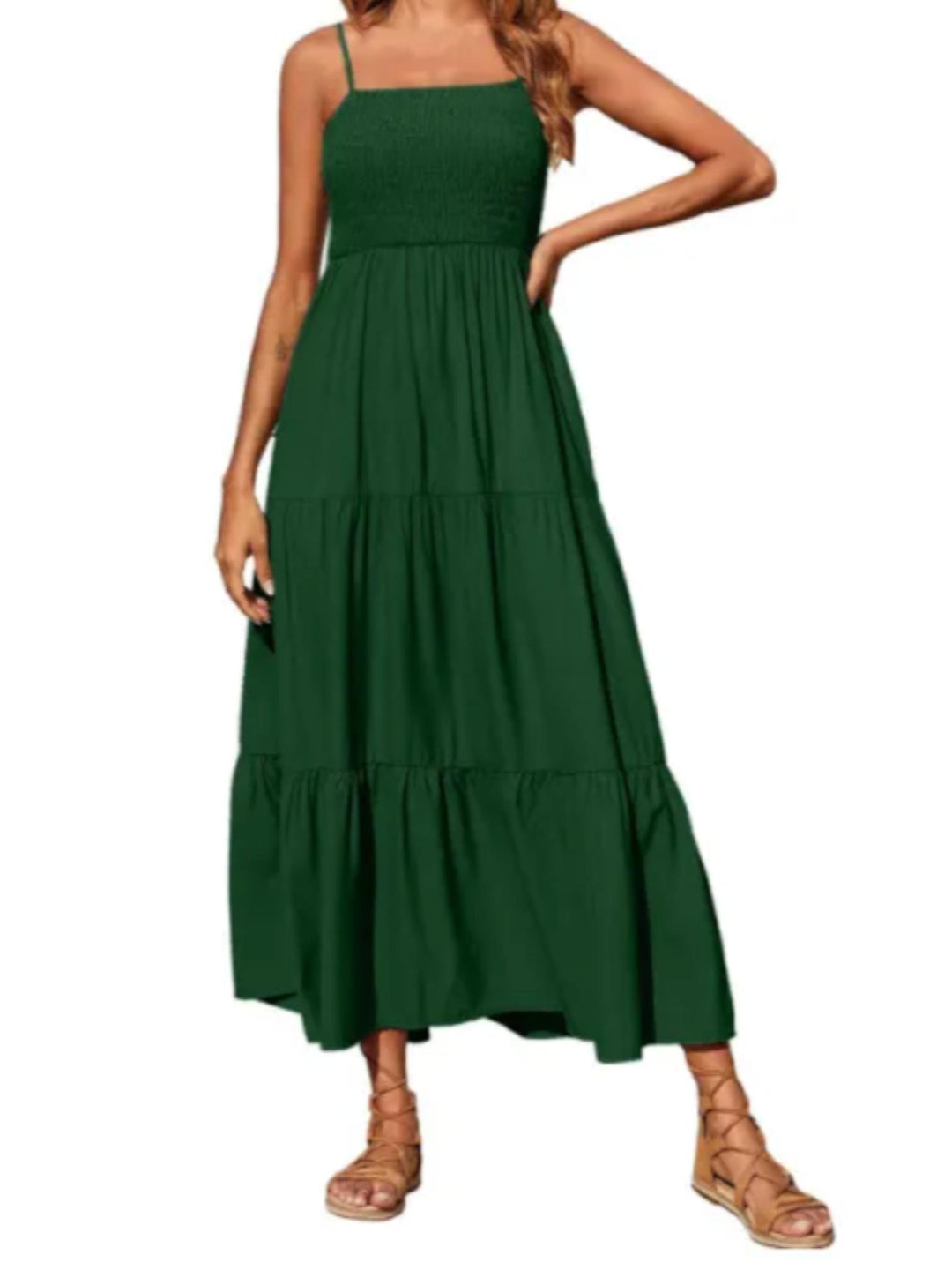 Woman wearing Dark Green Sleeveless Maxi Dress with A-line, flowing | Lunova