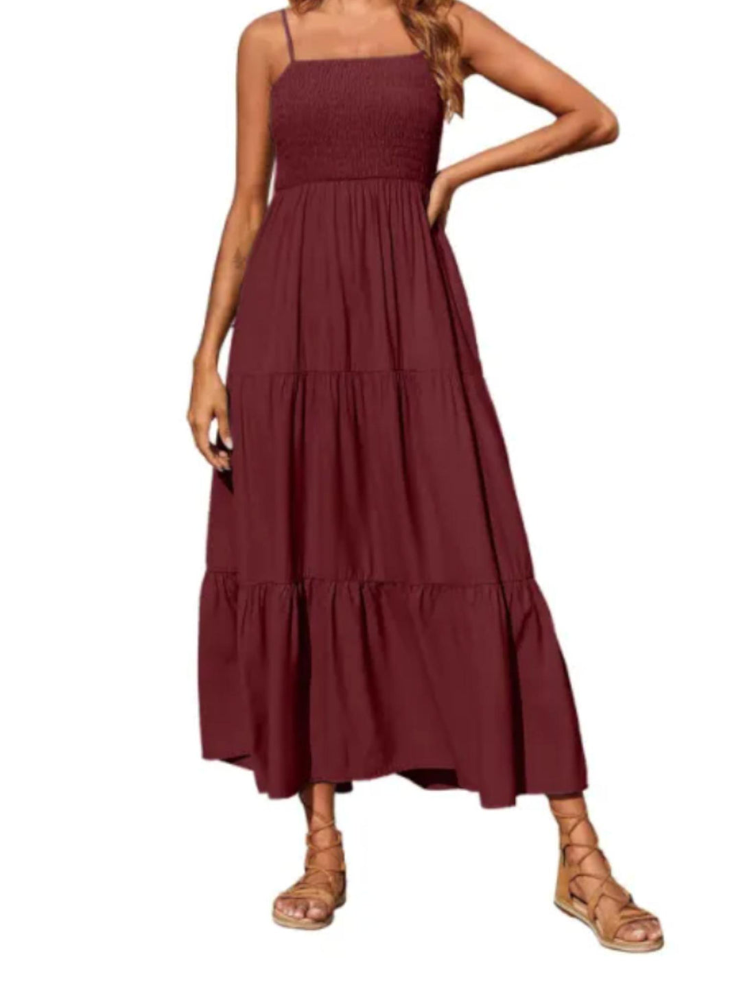 Woman wearing Wine Red Sleeveless Maxi Dress with A-line, flowing | Lunova