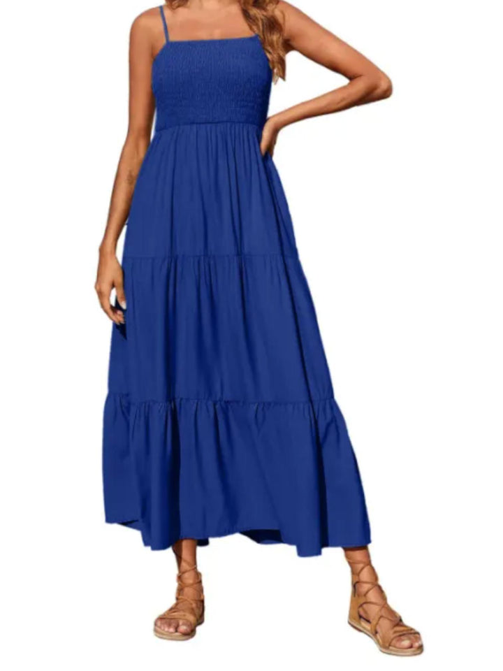 Woman wearing Dark Blue Sleeveless Maxi Dress with A-line, flowing | Lunova