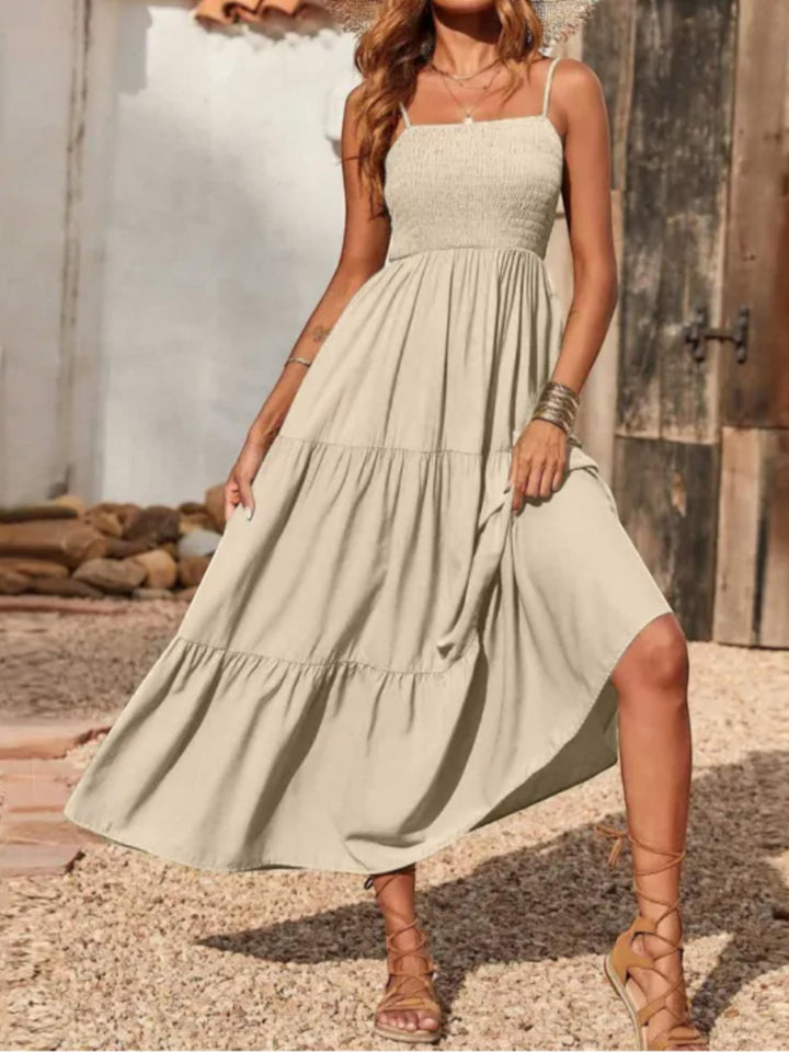 Woman wearing Khaki Sleeveless Maxi Dress with A-line, flowing | Lunova
