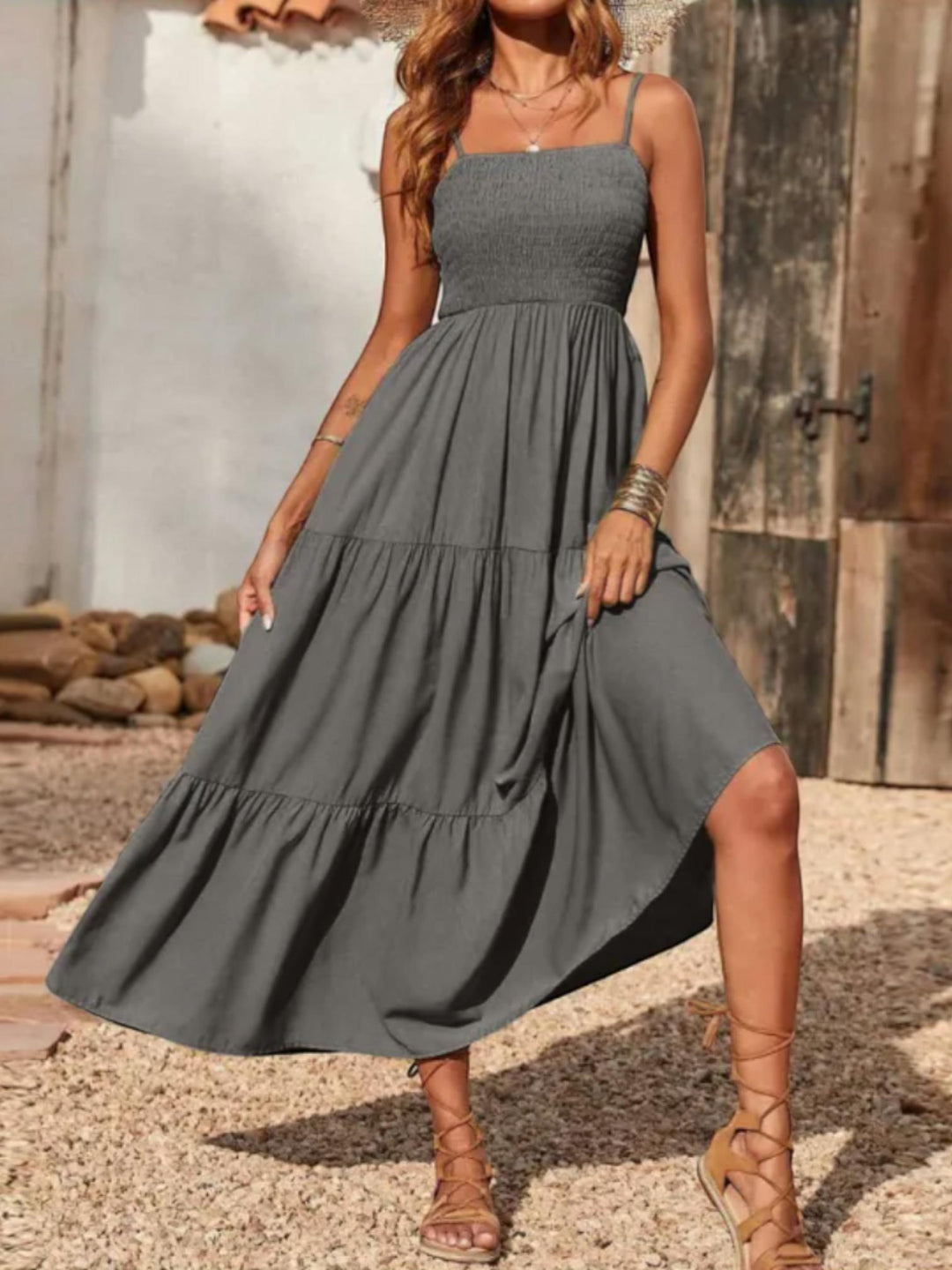 Woman wearing Grey Sleeveless Maxi Dress with A-line, flowing | Lunova