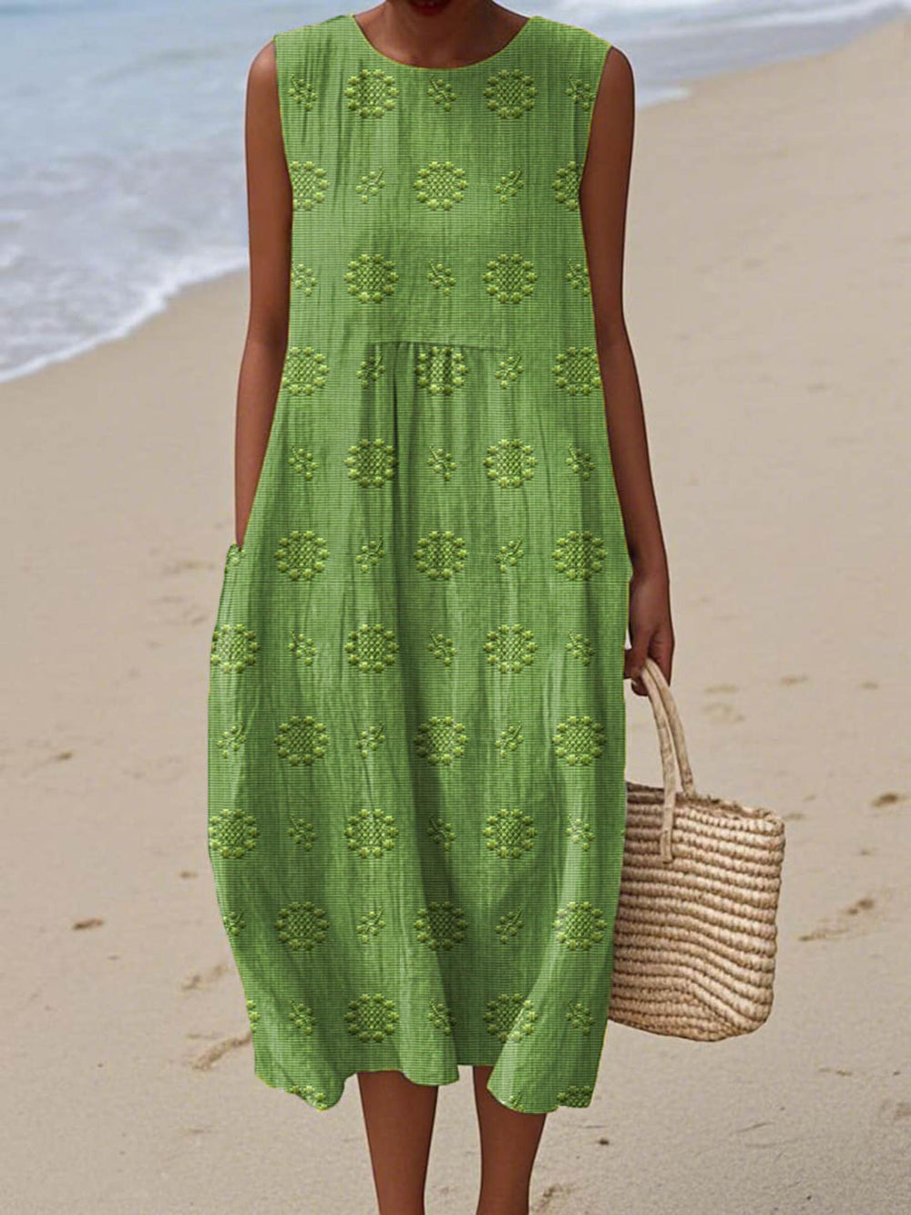 Woman wearing Green Sleeveless Midi Dress with sleeveless, mini-length | Lunova
