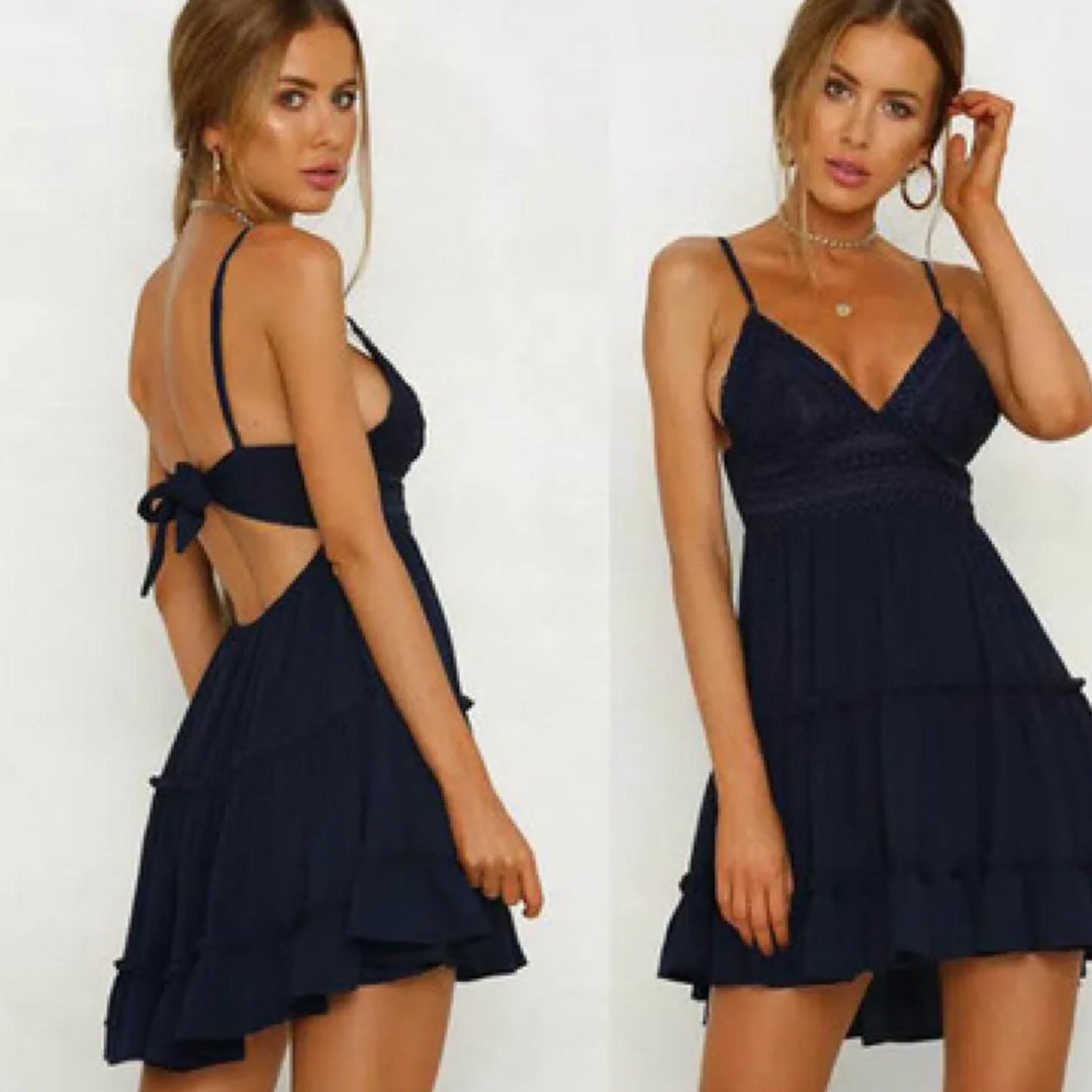 Woman wearing Dark Blue Sleeveless Mini Dress with ruffled, relaxed | Lunova