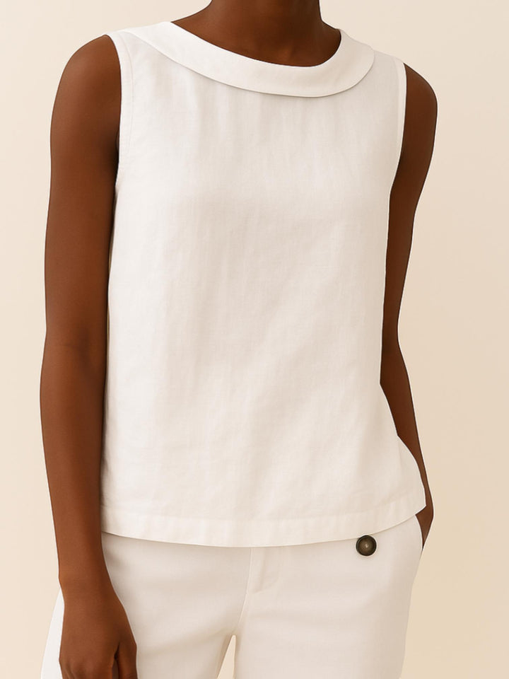 White Sleeveless Roll Collar Top with relaxed, sleeveless