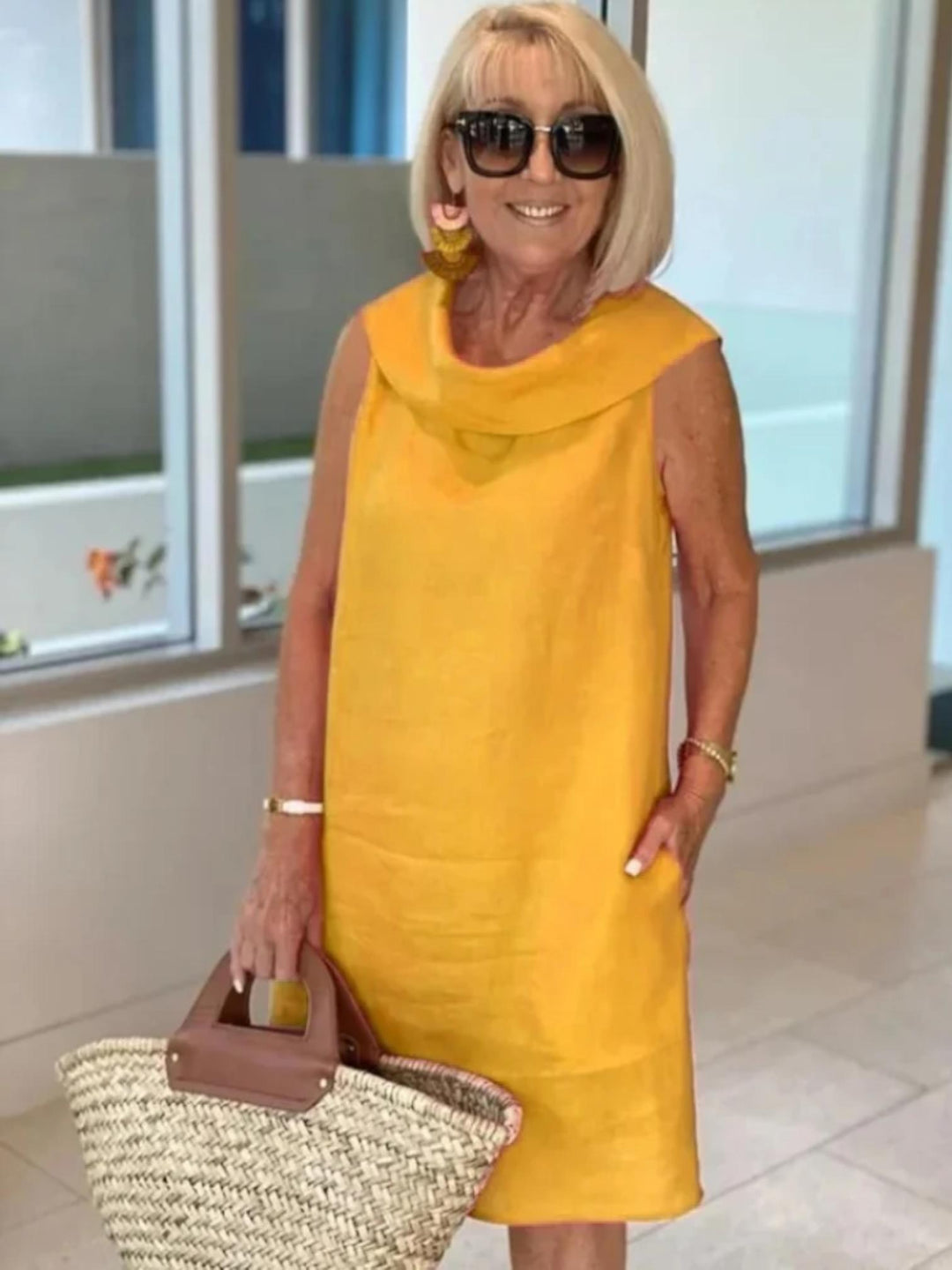 Woman wearing Yellow Sleeveless Shift Dress with relaxed, sleeveless | Lunova