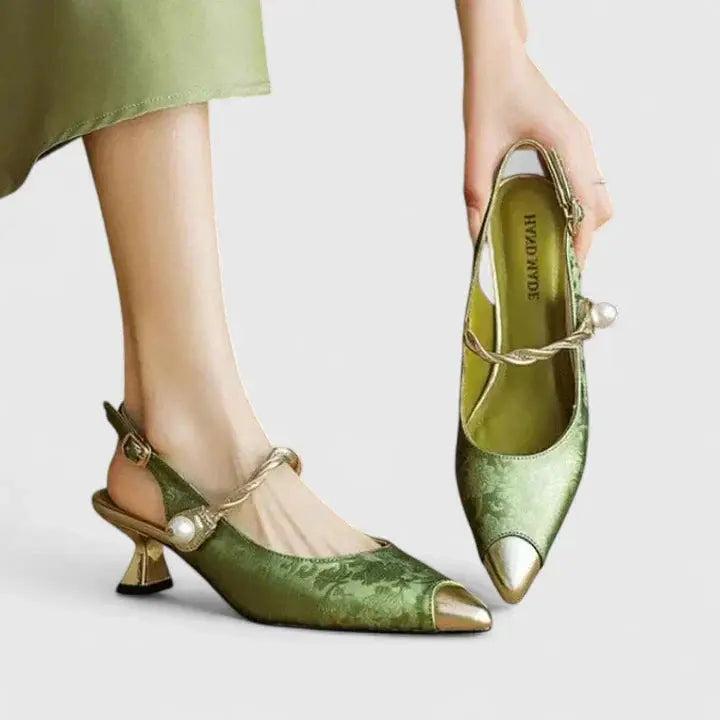 Green Slingback Pumps with floral print | Lunova