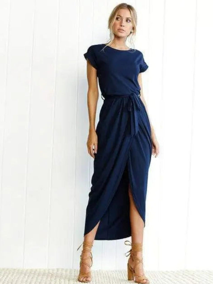 Woman wearing Dark Blue Split Maxi Dress with full-length | Lunova