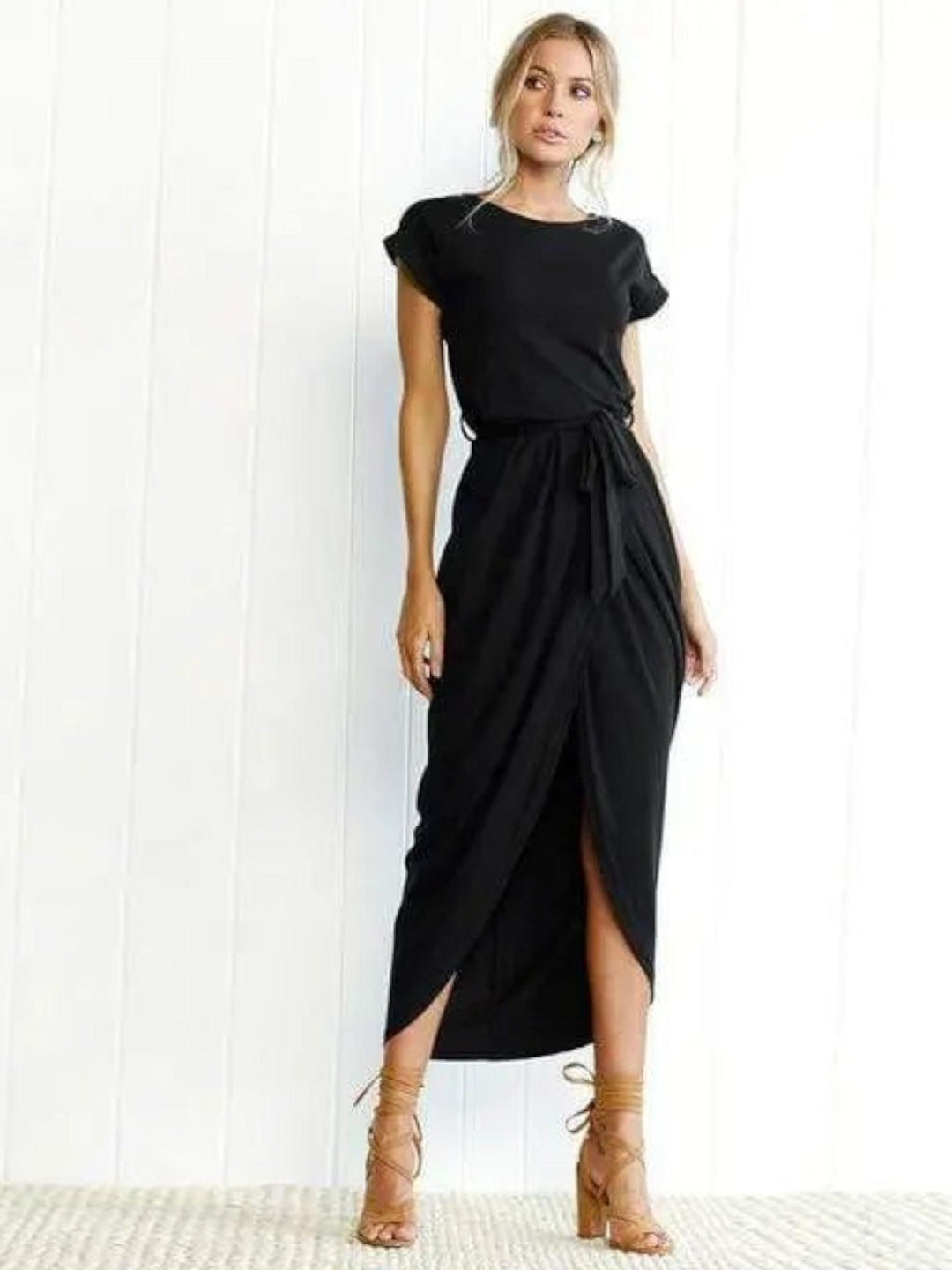 Woman wearing Black Split Maxi Dress with full-length | Lunova