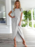 Woman wearing Grey Split Maxi Dress with full-length | Lunova