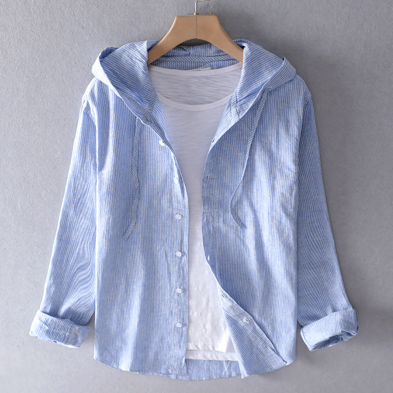 Woman wearing Light Blue Striped Hooded Shirt | Lunova