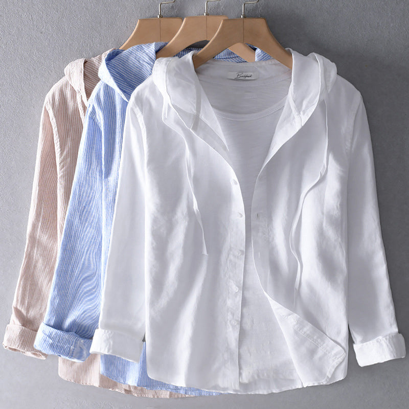 Woman wearing Striped Hooded Shirt | Lunova