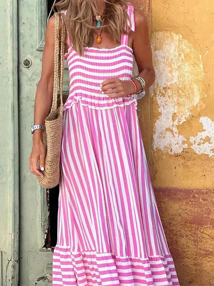 Woman wearing Striped Maxi Dress with A-line, ruffled — view 3 | Lunova