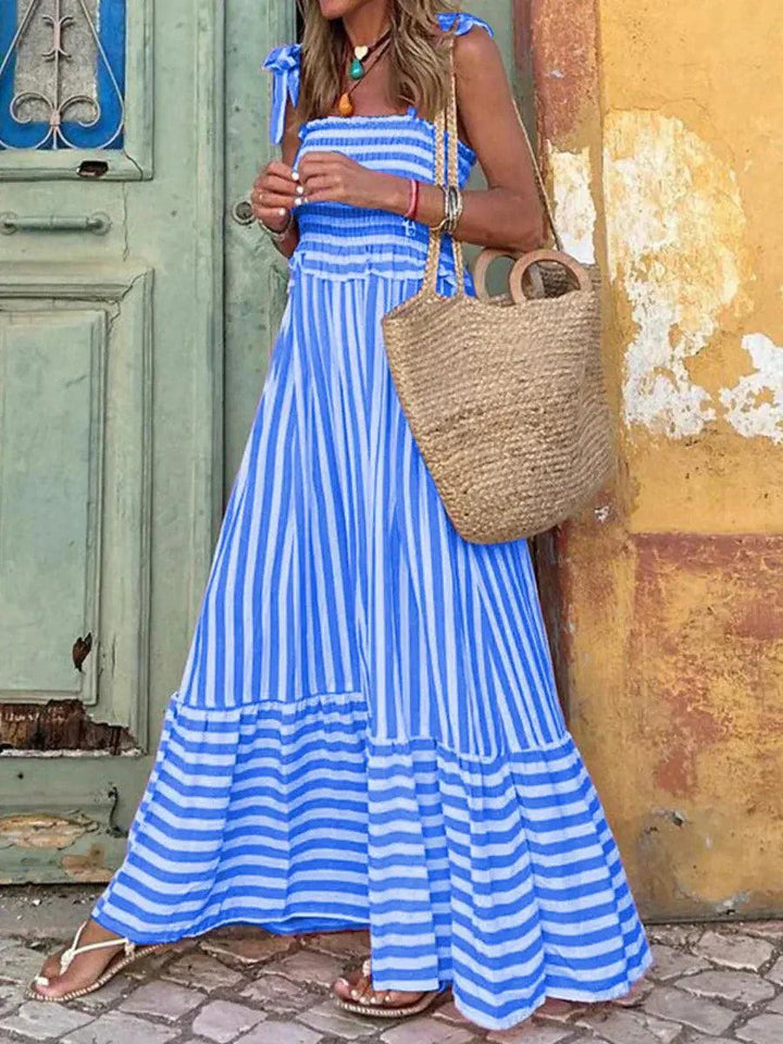 Woman wearing Blue Striped Maxi Dress with A-line, ruffled | Lunova