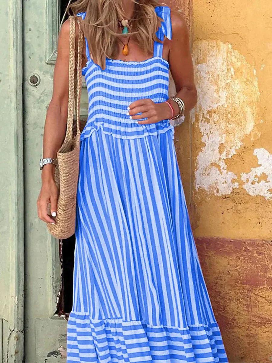 Woman wearing Striped Maxi Dress with A-line, ruffled — view 4 | Lunova