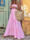 Woman wearing Pink Striped Maxi Dress with A-line, ruffled | Lunova