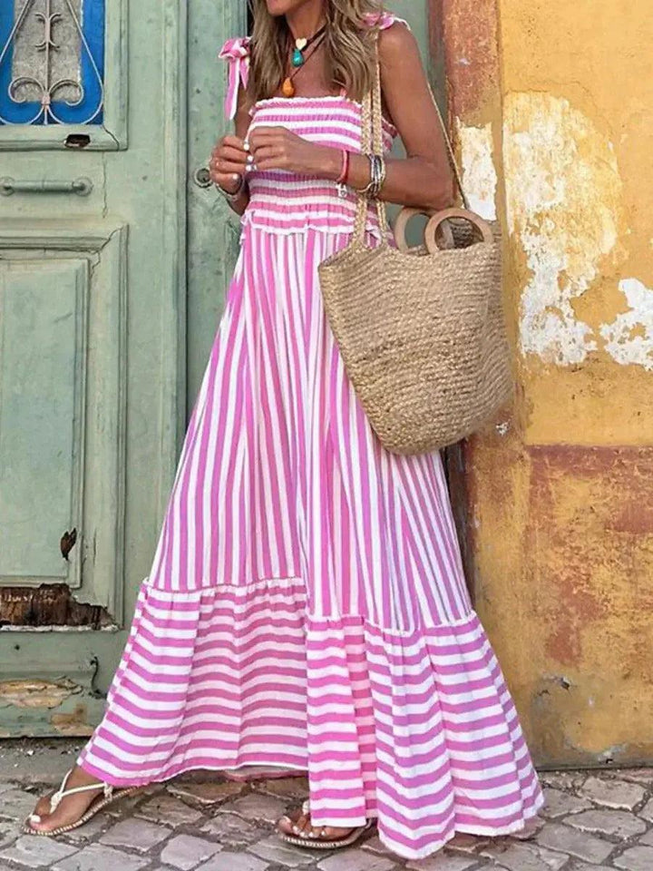 Woman wearing Pink Striped Maxi Dress with A-line, ruffled | Lunova