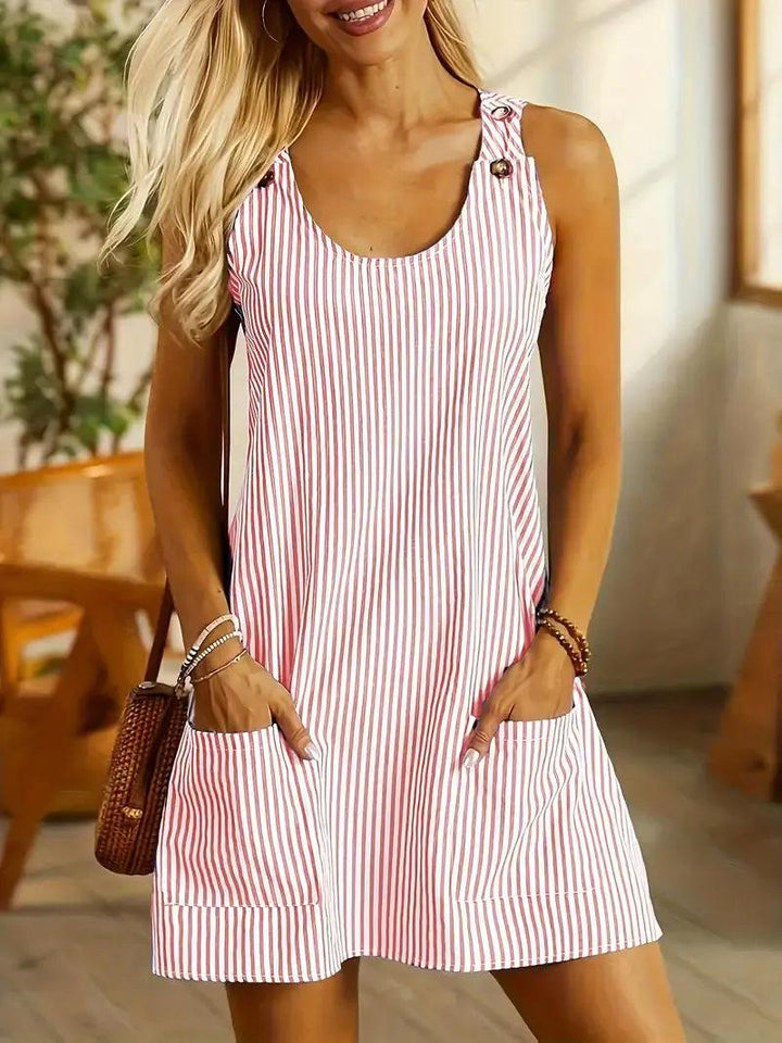 Woman wearing Pink Striped Midi Dress with relaxed, flowing | Lunova