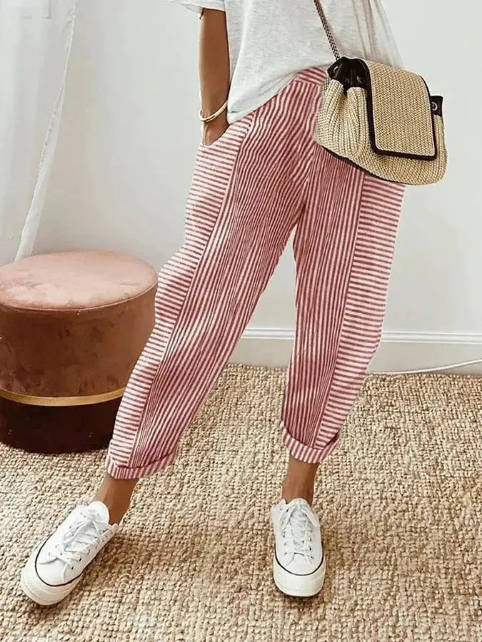 Woman wearing Pink Striped Relaxed Fit Trousers with drawstring, relaxed | Lunova