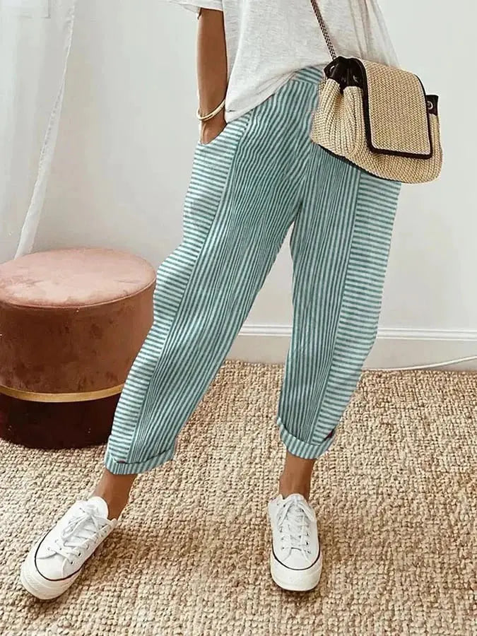 Light Green Striped Relaxed Fit Trousers with drawstring, relaxed