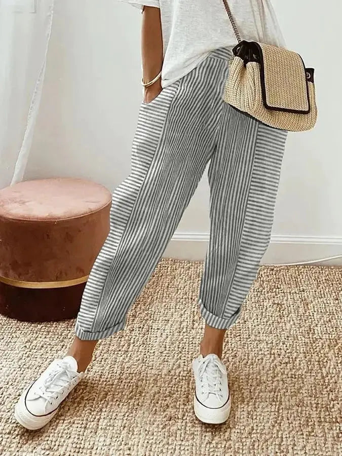 Grey Striped Relaxed Fit Trousers with drawstring, relaxed