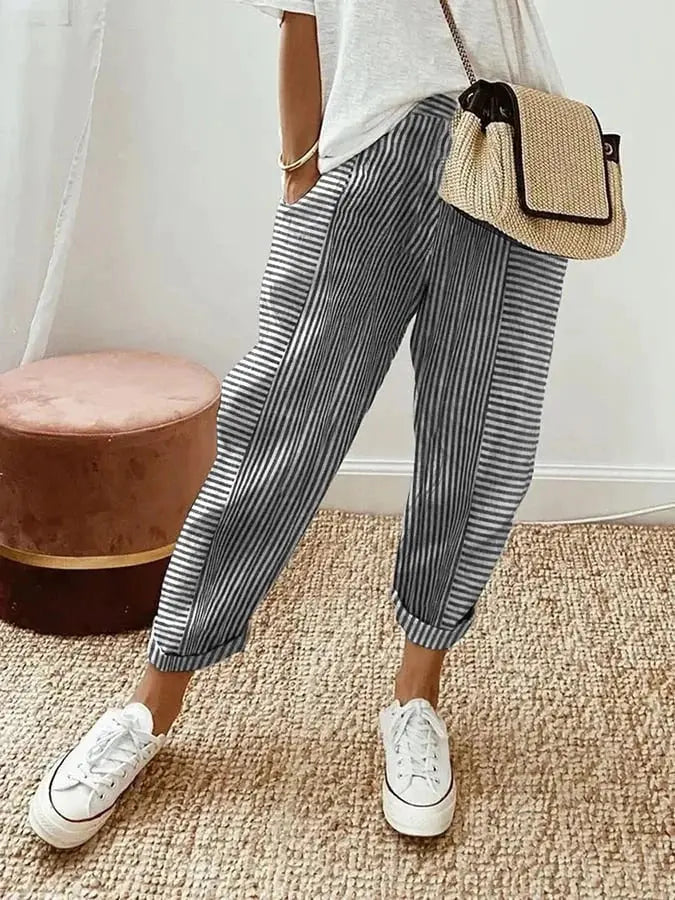 Black Striped Relaxed Fit Trousers with drawstring, relaxed