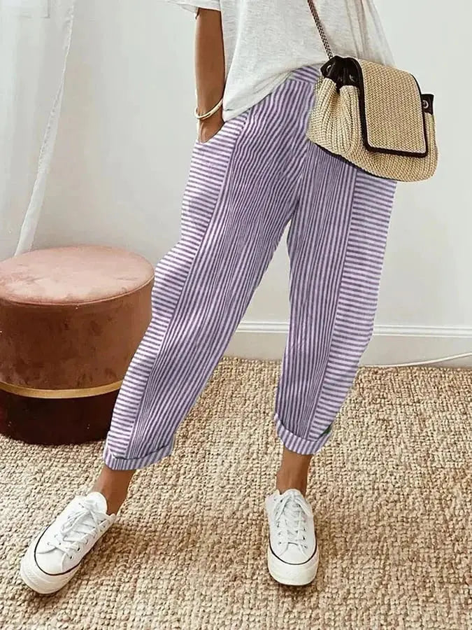Purple Striped Relaxed Fit Trousers with drawstring, relaxed