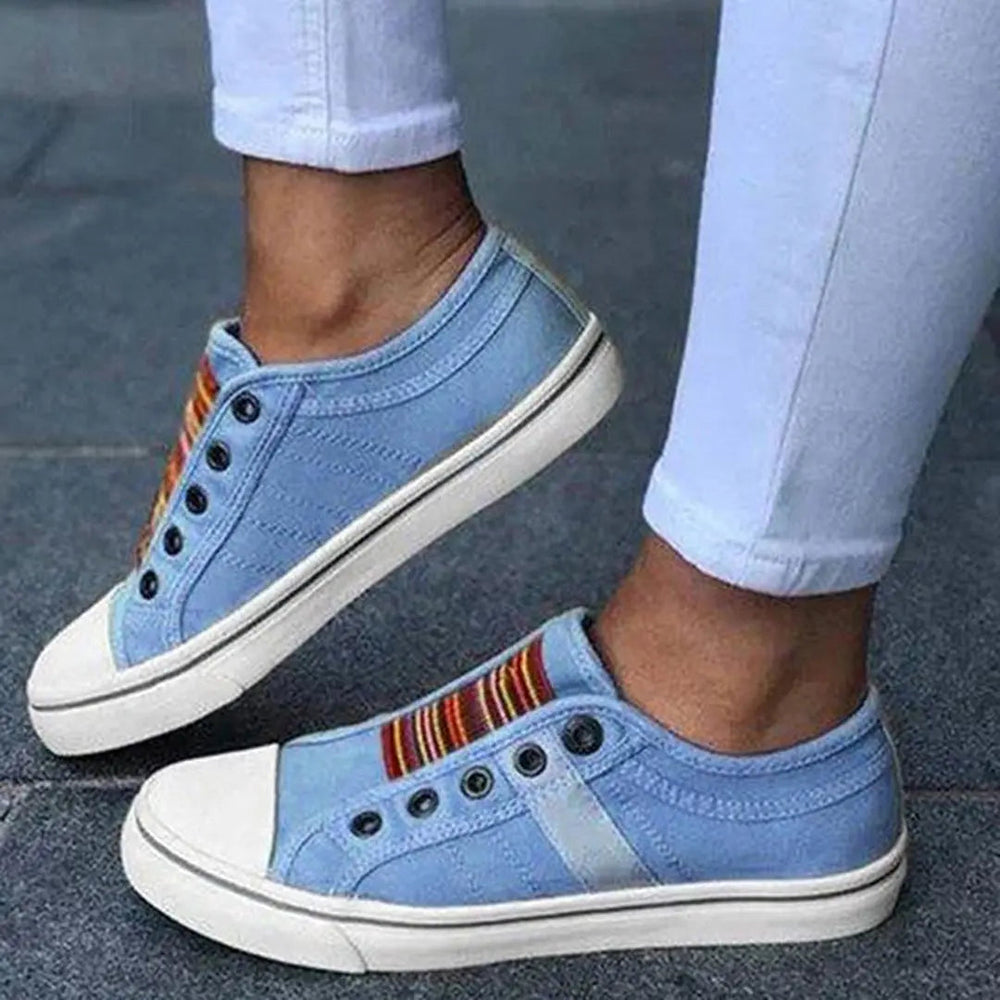 Light Blue Striped Slip-On Trainers with cushioned | Lunova