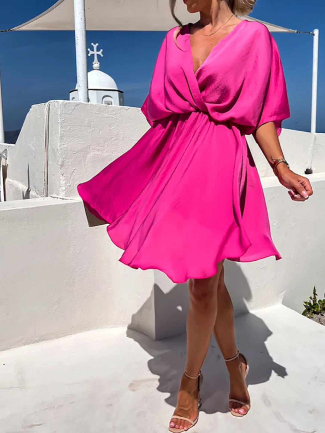Woman wearing Red Surplice Mini Dress with A-line, wrap | Lunova