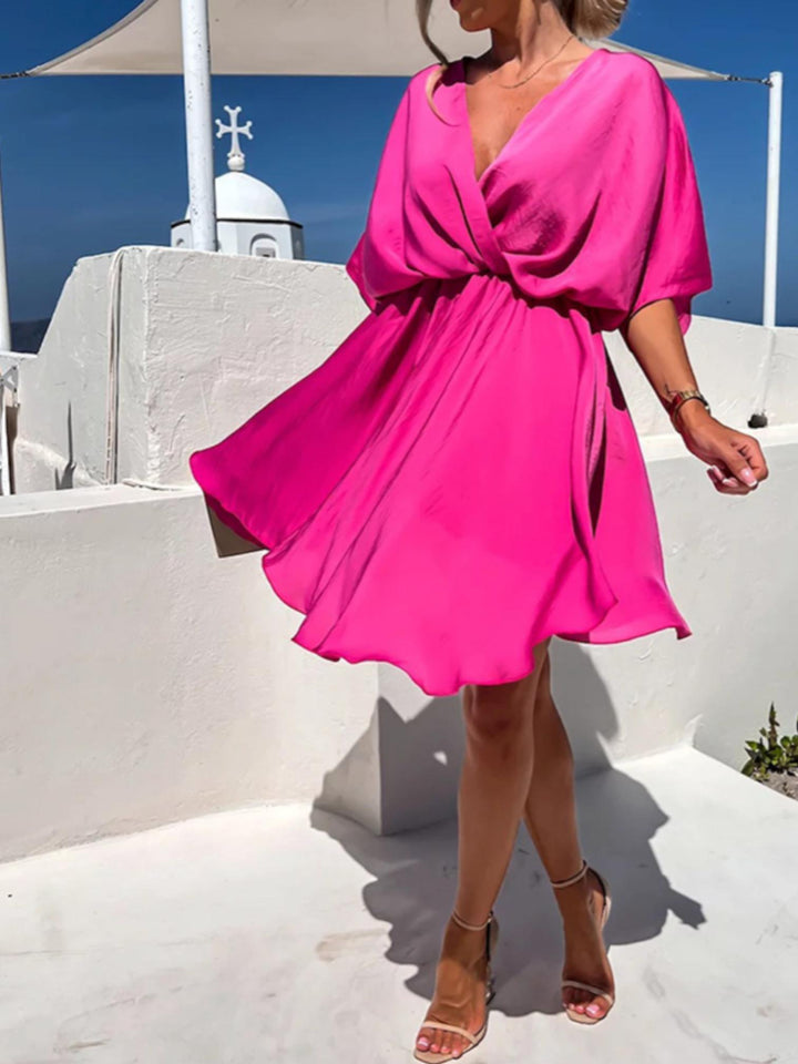 Woman wearing Red Surplice Mini Dress with A-line, wrap | Lunova