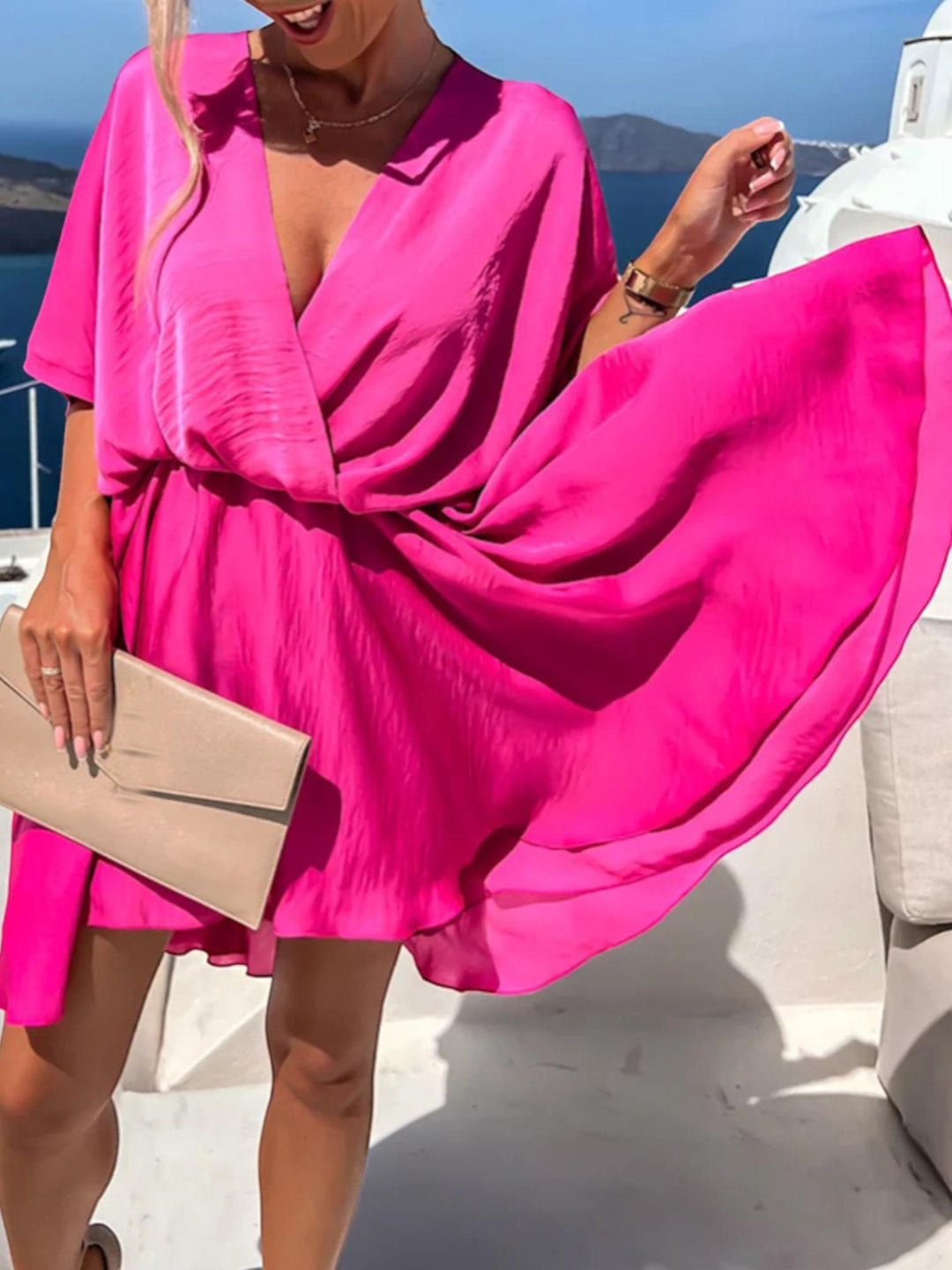 Woman wearing Surplice Mini Dress with A-line, wrap — view 8 | Lunova