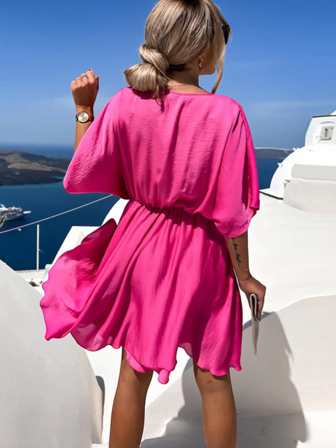 Woman wearing Surplice Mini Dress with A-line, wrap — view 9 | Lunova