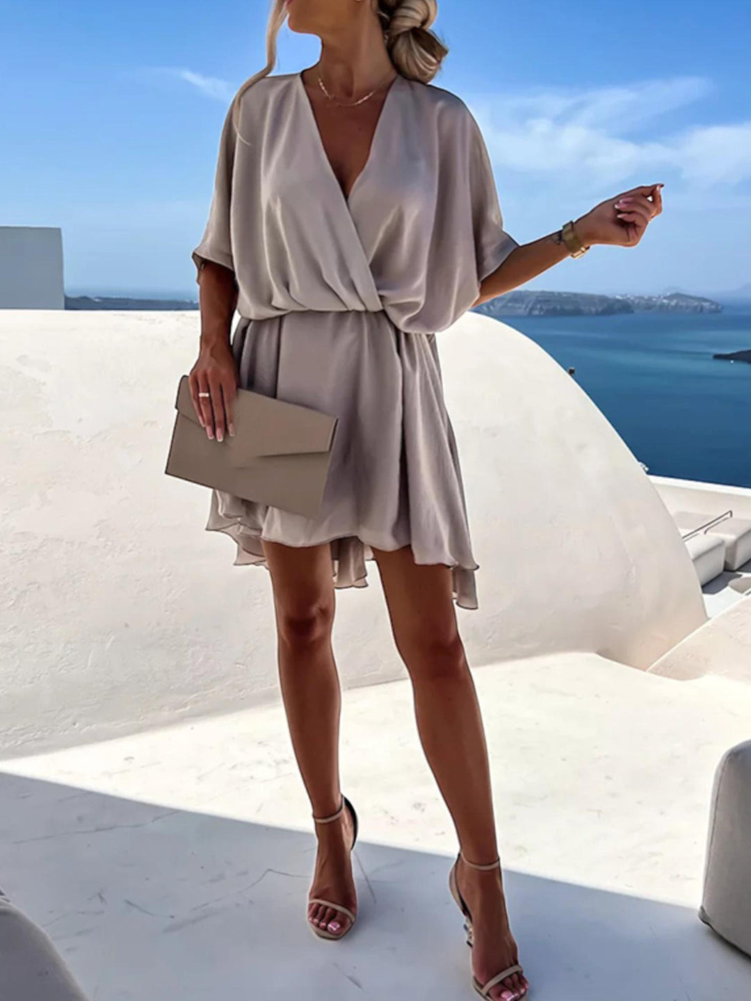Woman wearing Apricot Surplice Mini Dress with A-line, wrap | Lunova