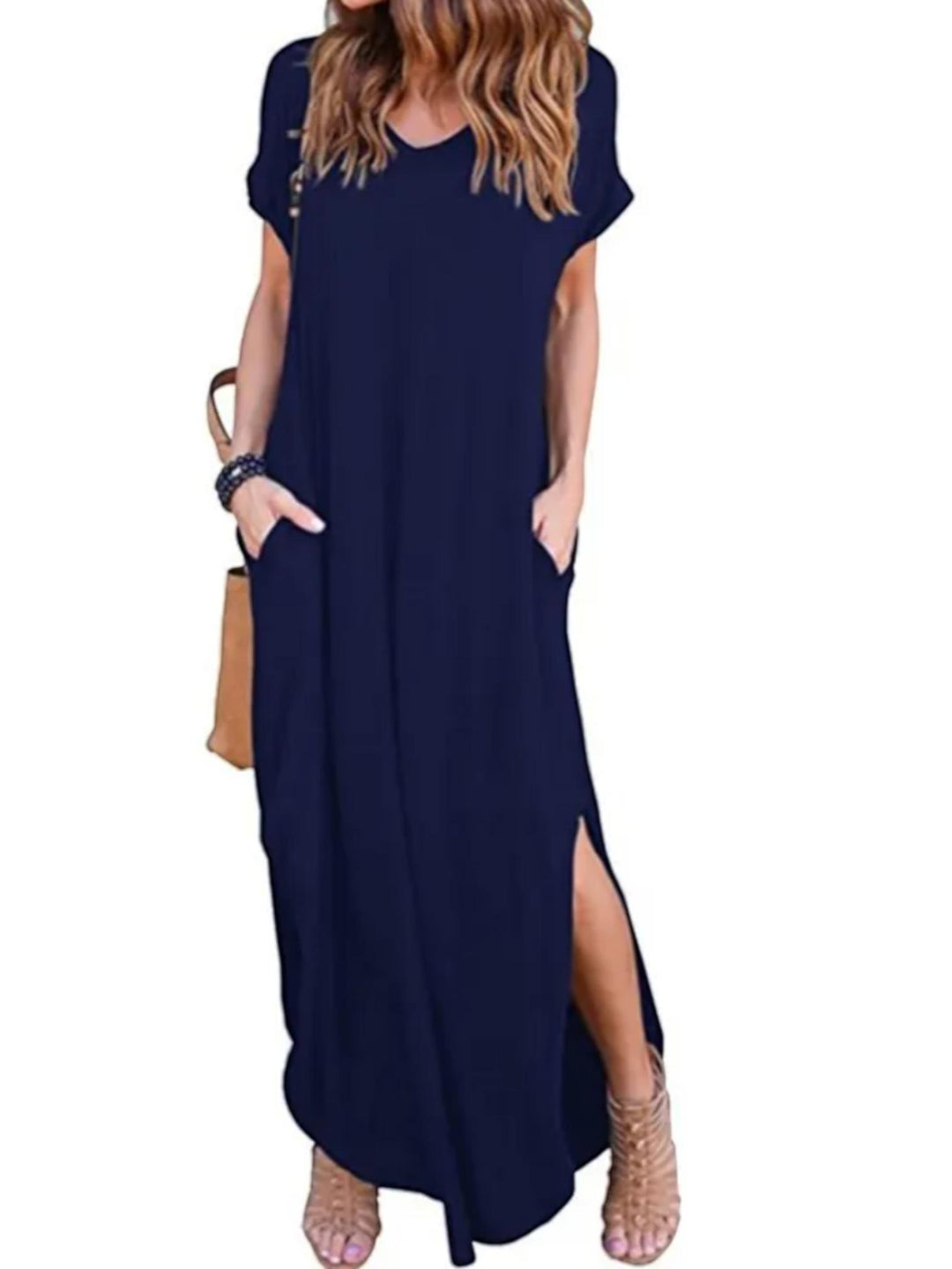 Woman wearing Navy T-Shirt Maxi Dress with V-neck | Lunova