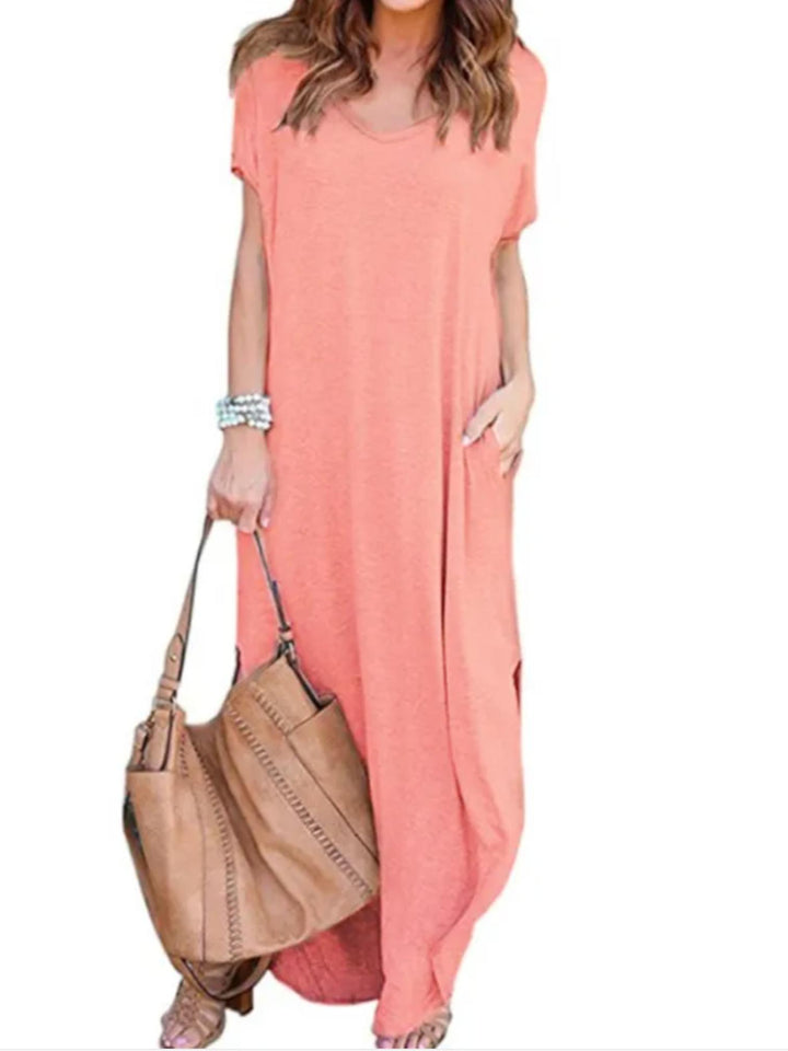 Woman wearing Pink T-Shirt Maxi Dress with V-neck | Lunova