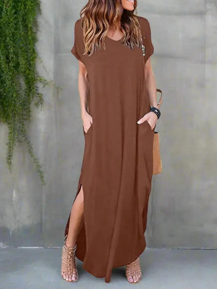 Woman wearing T-Shirt Maxi Dress with V-neck — view 2 | Lunova