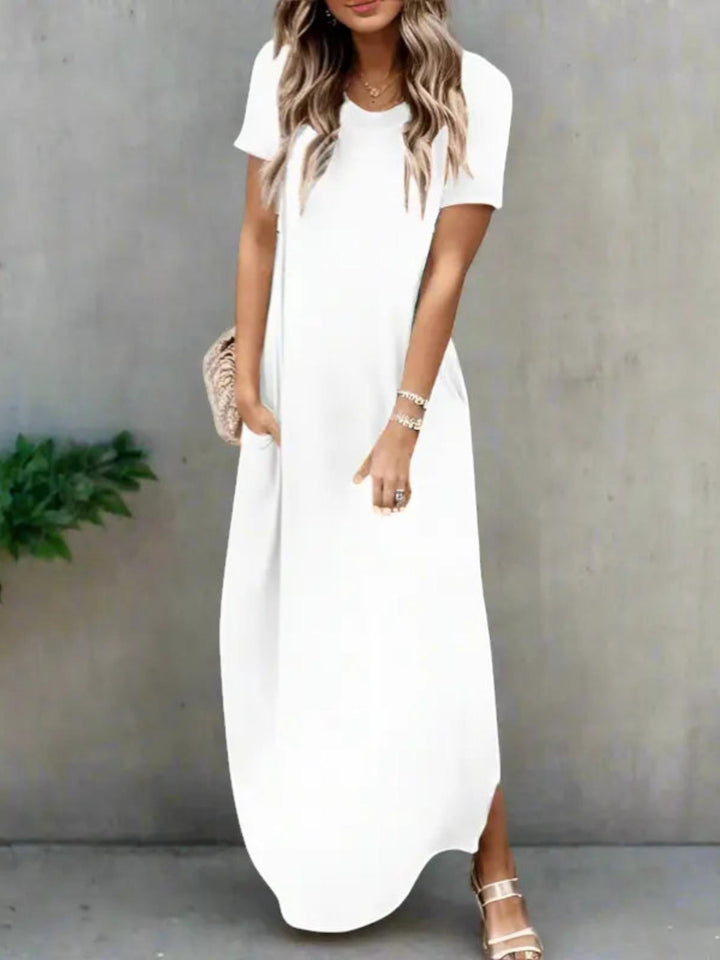 Woman wearing White T-Shirt Maxi Dress with V-neck | Lunova