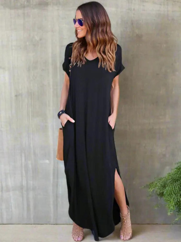 Woman wearing Black T-Shirt Maxi Dress with V-neck | Lunova