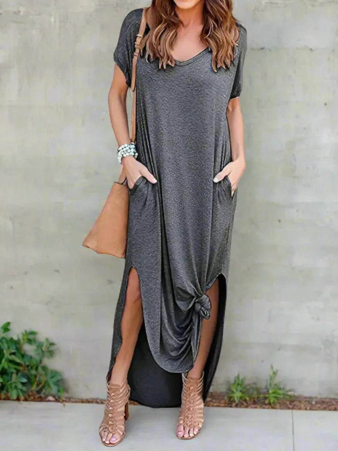 Woman wearing Grey T-Shirt Maxi Dress with V-neck | Lunova