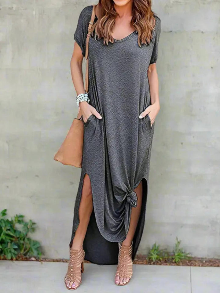 Woman wearing Grey T-Shirt Maxi Dress with V-neck | Lunova