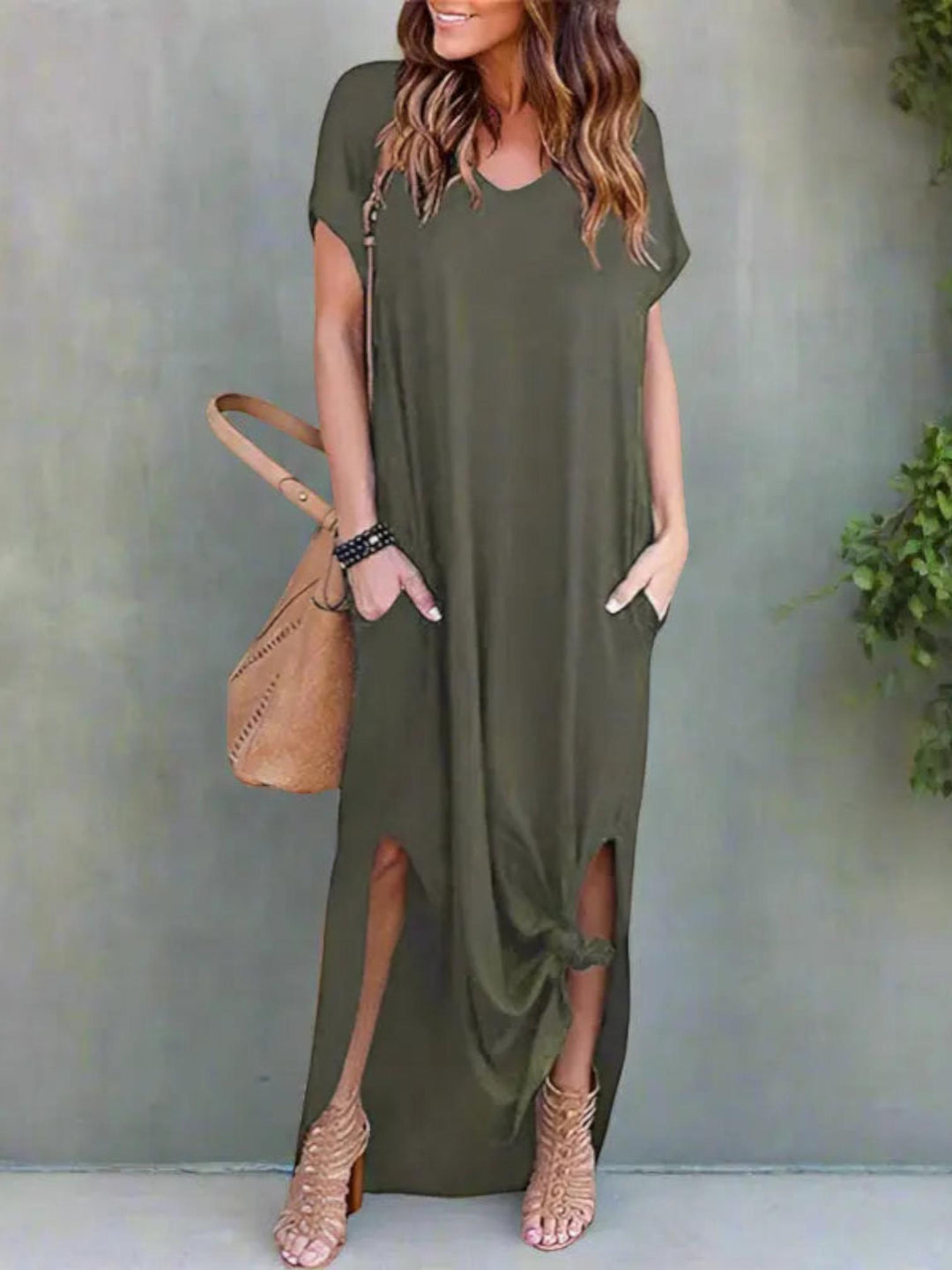 Woman wearing Green T-Shirt Maxi Dress with V-neck | Lunova