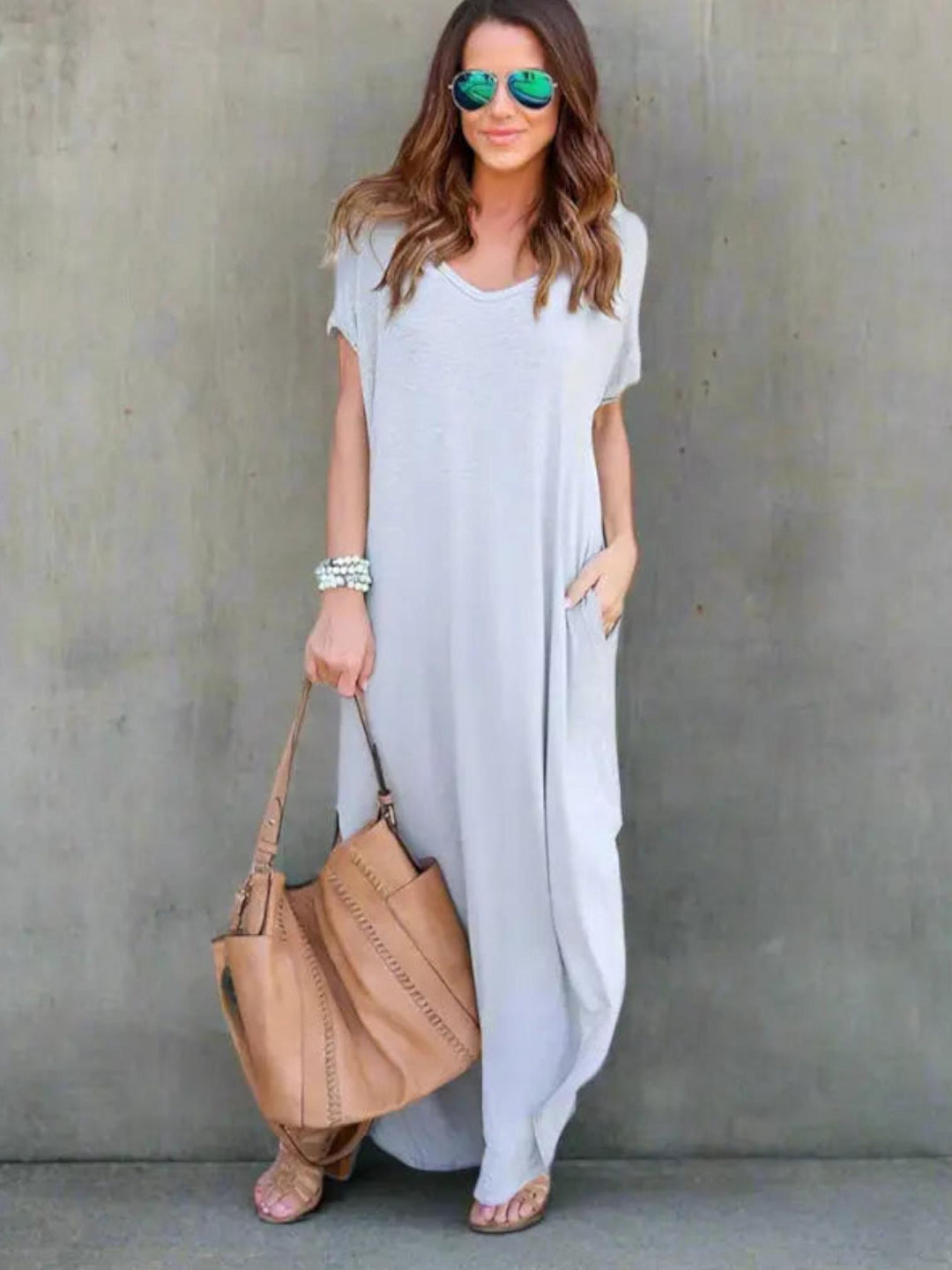 Woman wearing Grey T-Shirt Maxi Dress with V-neck | Lunova