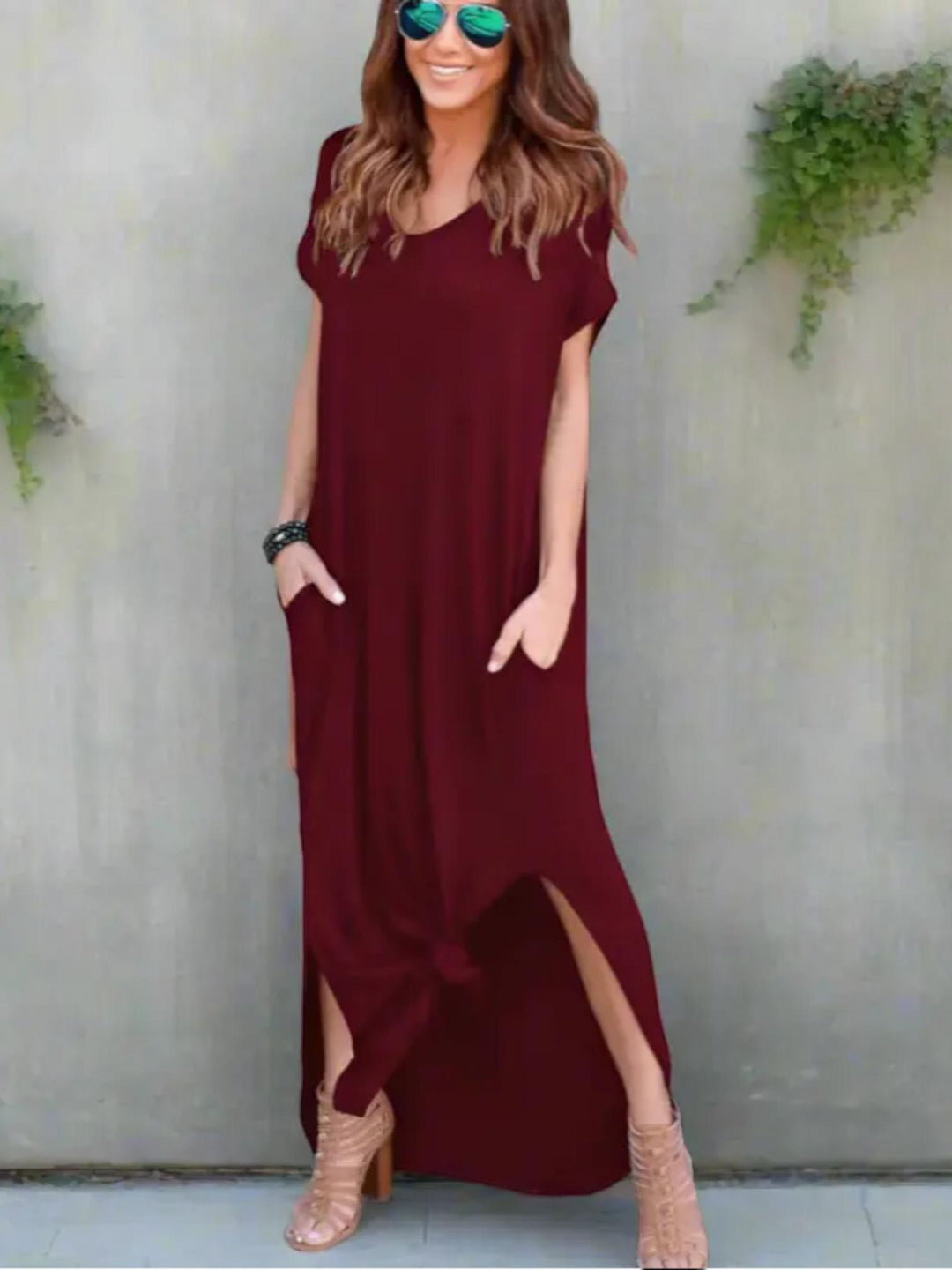 Woman wearing Wine Red T-Shirt Maxi Dress with V-neck | Lunova